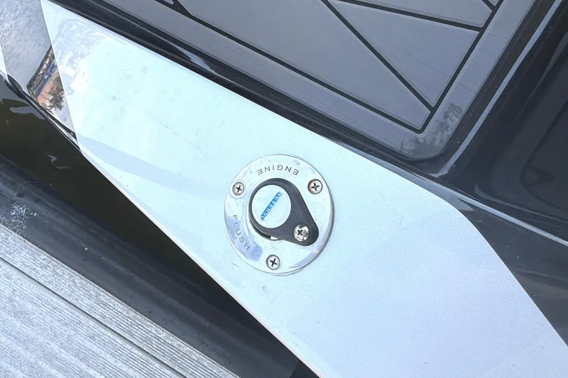  Yacht Photos Pics Fuel cap on a 2020 Statement 350 Open boat, docked by the water.