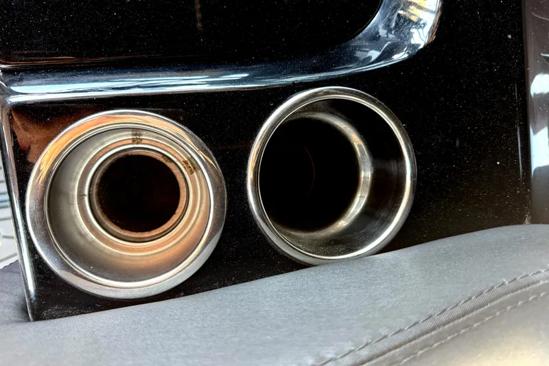  Yacht Photos Pics Close-up of dual exhaust pipes on a 2020 Statement 350 Open boat.