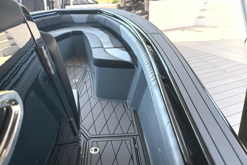  Yacht Photos Pics Luxurious interior of 2020 Statement 350 Open boat with sleek seating and modern design.