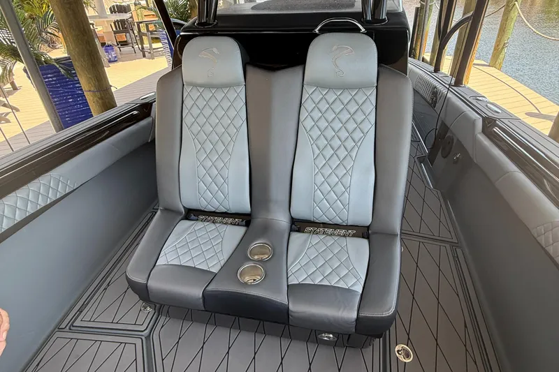  Yacht Photos Pics Luxury seating on 2020 Statement 350 Open boat with diamond-pattern upholstery.