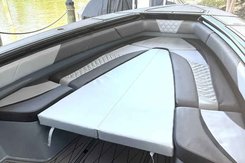  Yacht Photos Pics Luxurious seating area on 2020 Statement 350 Open boat with elegant upholstery.