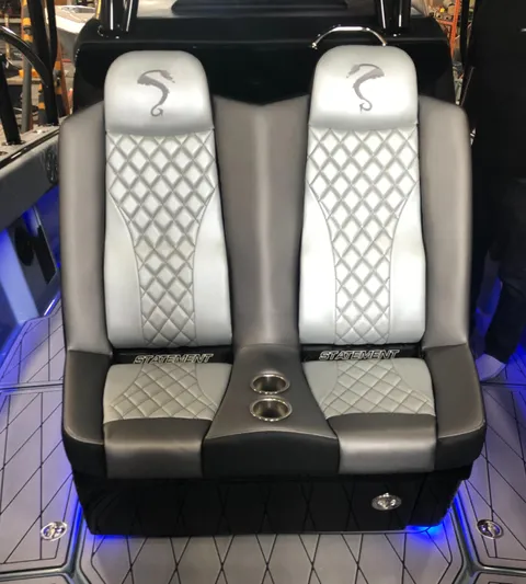  Yacht Photos Pics Luxury seating on 2020 Statement 350 Open boat with quilted design and cup holders.