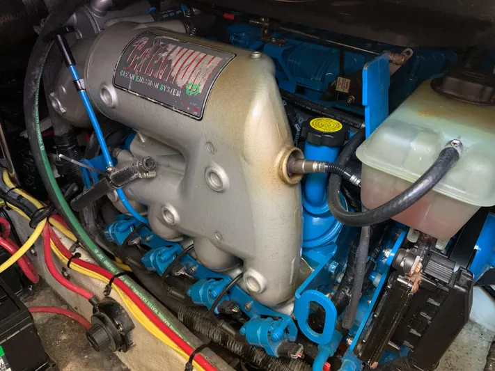 Live Now Yacht Photos Pics Engine compartment of a 2012 Silverton 33 Sport Coupe with clean emission system.