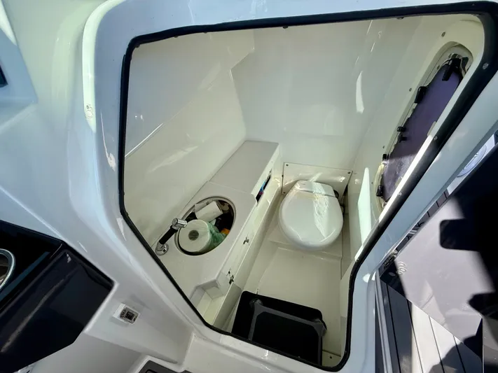  Yacht Photos Pics 2019 Blackfin 272 DC boat interior with compact bathroom, featuring a toilet and sink.