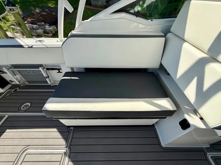 Yacht Photos Pics 2019 Blackfin 272 DC boat interior with cushioned seating and sleek design.