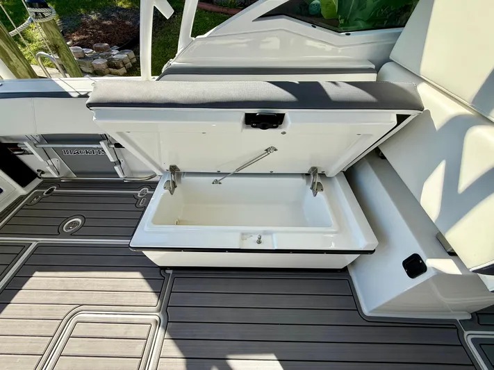  Yacht Photos Pics 2019 Blackfin 272 DC boat interior with open storage compartment and cushioned seating.