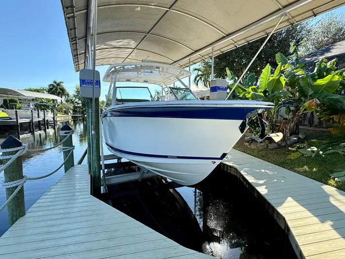  Yacht Photos Pics 2019 Blackfin 272 DC boat docked under a canopy, surrounded by lush greenery.
