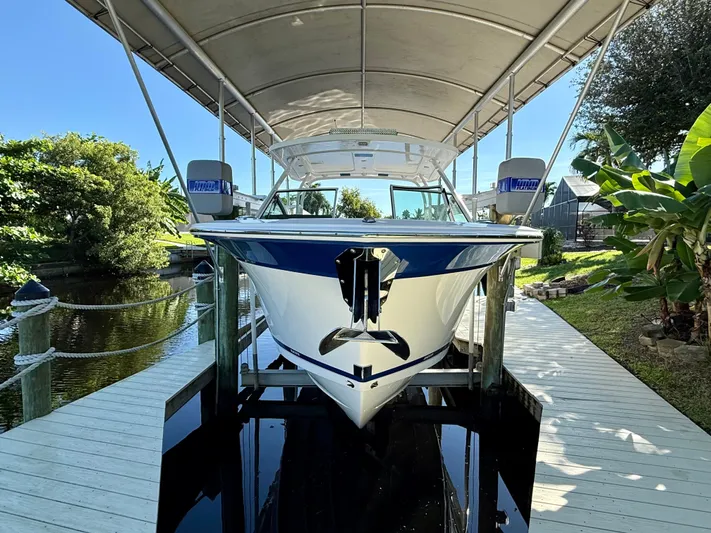  Yacht Photos Pics 2019 Blackfin 272 DC boat docked under a canopy, surrounded by lush greenery.