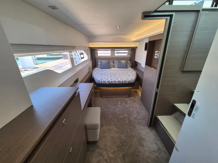  Yacht Photos Pics Luxurious interior of 2024 Leopard 53 Powercat with modern bedroom design.