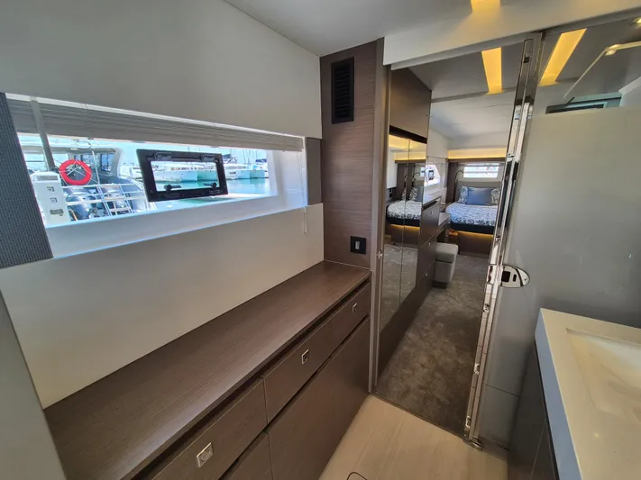  Yacht Photos Pics Interior of 2024 Leopard 53 Powercat, featuring modern design and spacious cabin layout.