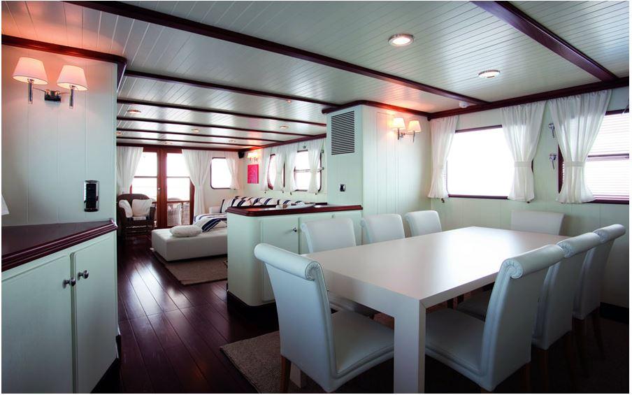 Luxurious interior of 2005 Explorer Trawler 33m with elegant dining area and cozy seating.