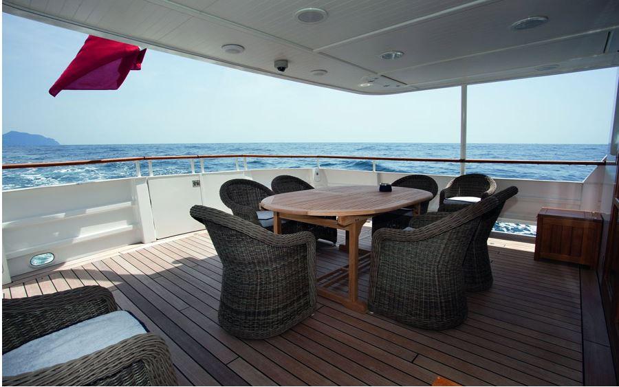 Luxurious deck of 2005 Explorer Trawler 33m with wicker chairs and ocean view.