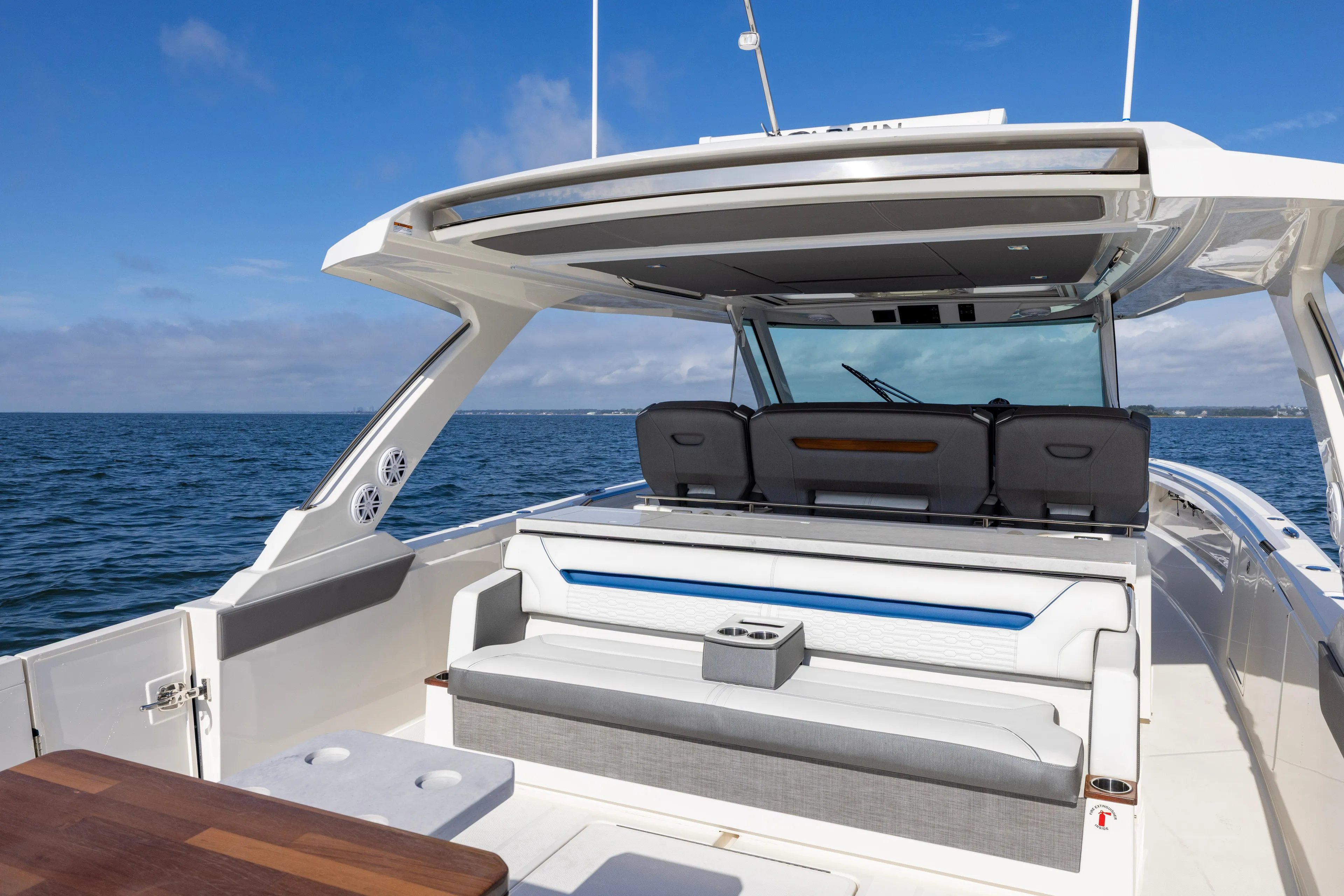 Princess Gia Yacht Photos Pics 2021 Tiara Yachts 43 LS luxury boat interior with seating, ocean view.