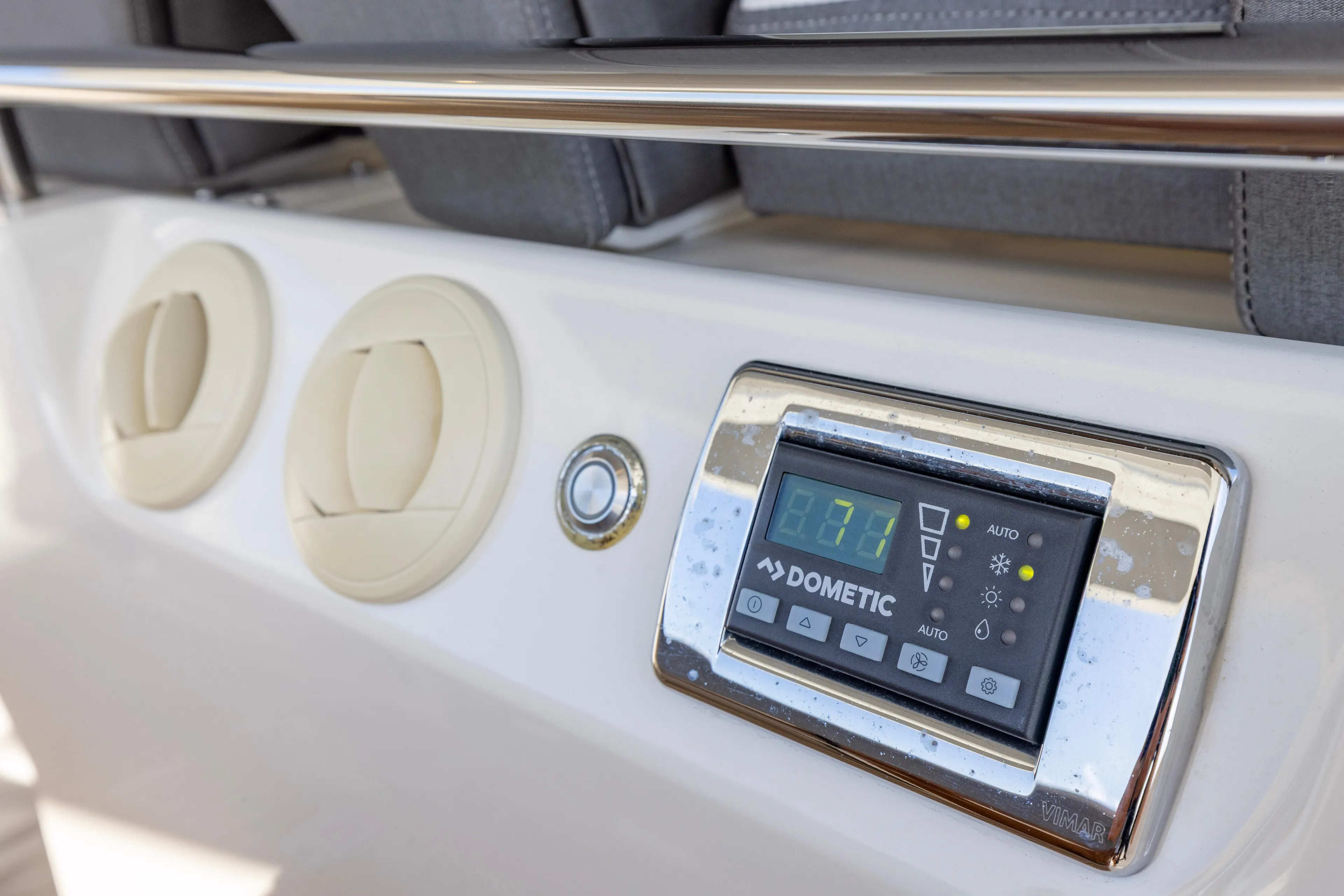 Princess Gia Yacht Photos Pics Control panel on 2021 Tiara Yachts 43 LS, featuring Dometic display and air vents.