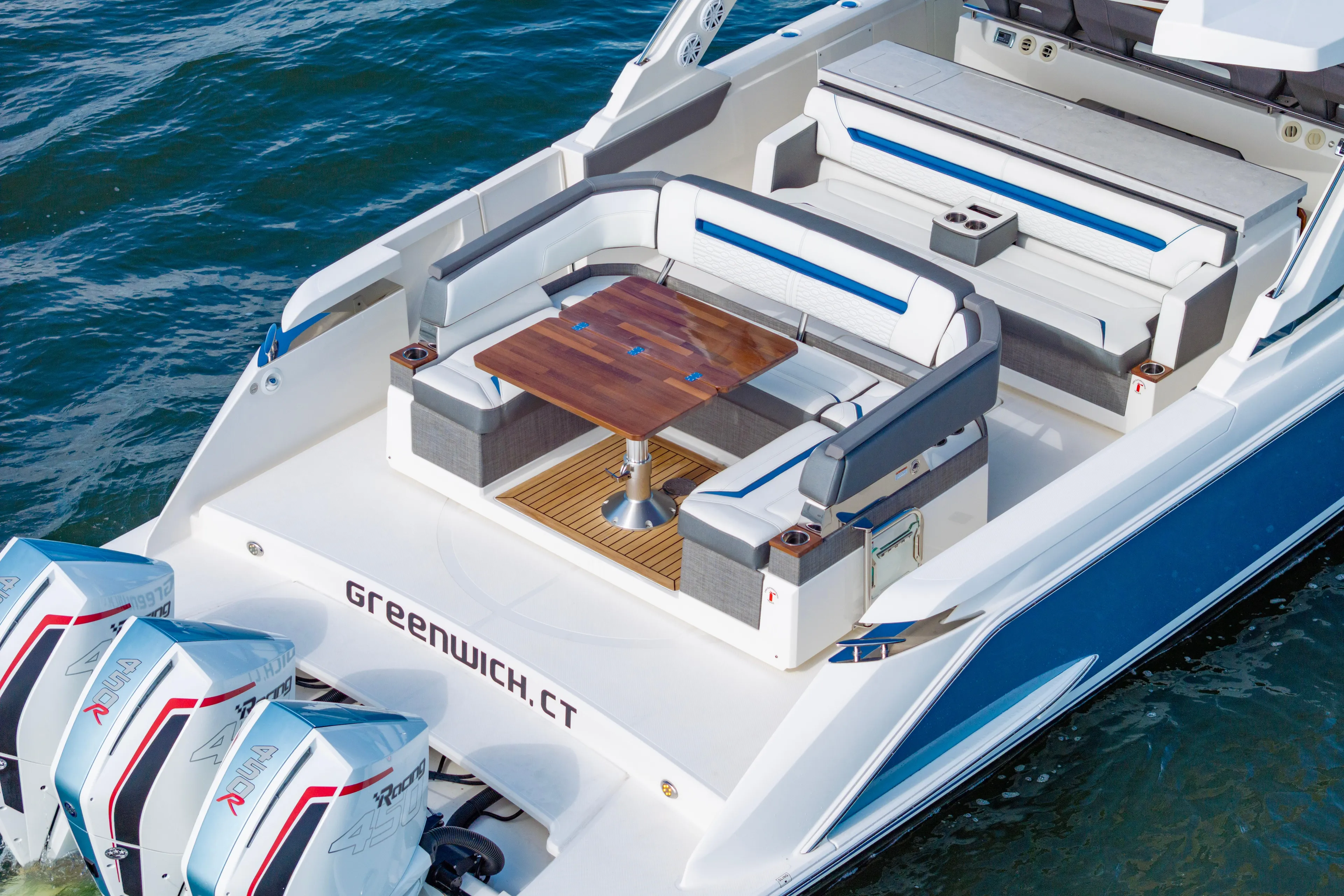 Princess Gia Yacht Photos Pics 2021 Tiara Yachts 43 LS with elegant seating and table on deck, Greenwich, CT.