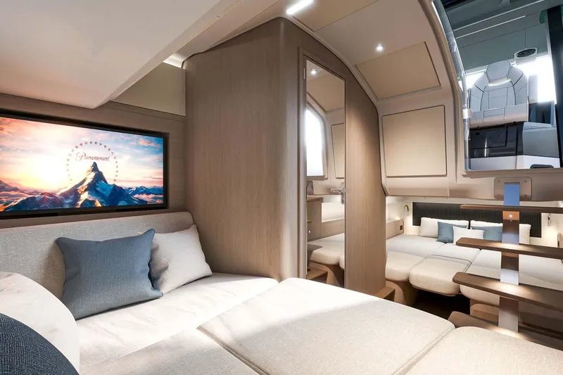  Yacht Photos Pics Manufacturer Provided Image: Luxurious interior of 2025 Beneteau Gran Turismo 35 yacht with cozy seating and modern amenities.