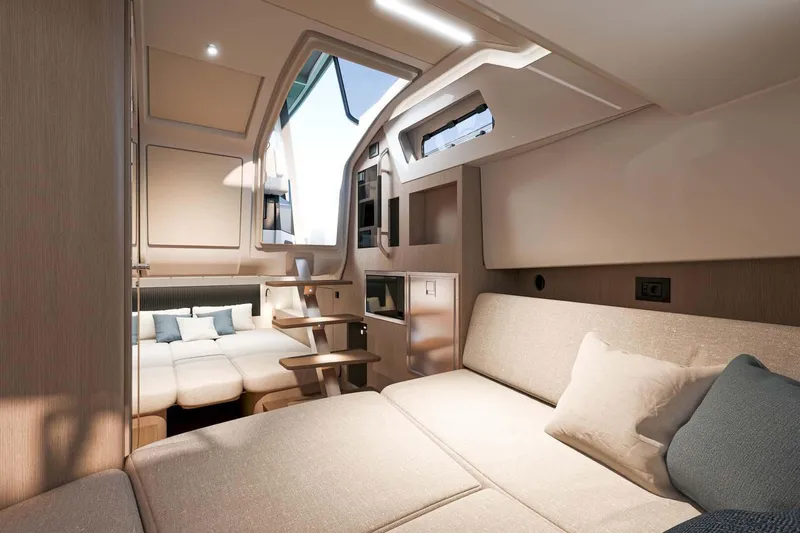  Yacht Photos Pics Manufacturer Provided Image: Luxurious interior of 2025 Beneteau Gran Turismo 35 yacht, featuring modern seating and elegant design.