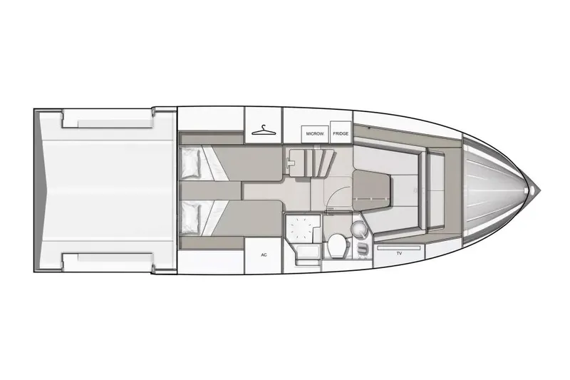  Yacht Photos Pics Manufacturer Provided Image: Floor plan of 2025 Beneteau Gran Turismo 35 yacht, featuring cabins, kitchen, and bathroom layout.