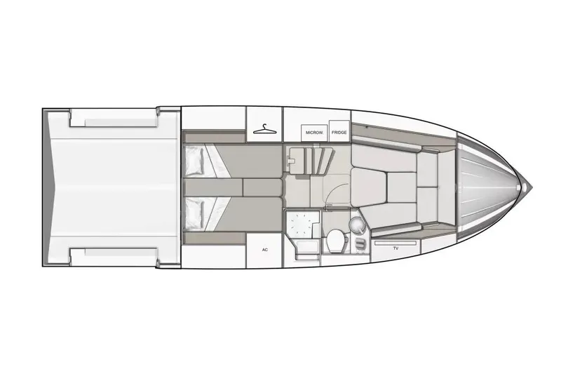  Yacht Photos Pics Manufacturer Provided Image: Floor plan of 2025 Beneteau Gran Turismo 35 yacht, featuring cabins, kitchenette, and bathroom layout.