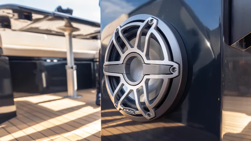 New 2025 Skipper 38 Twin 500 Yacht Photos Pics Close-up of a speaker on a 2025 Skipper 38 boat deck.