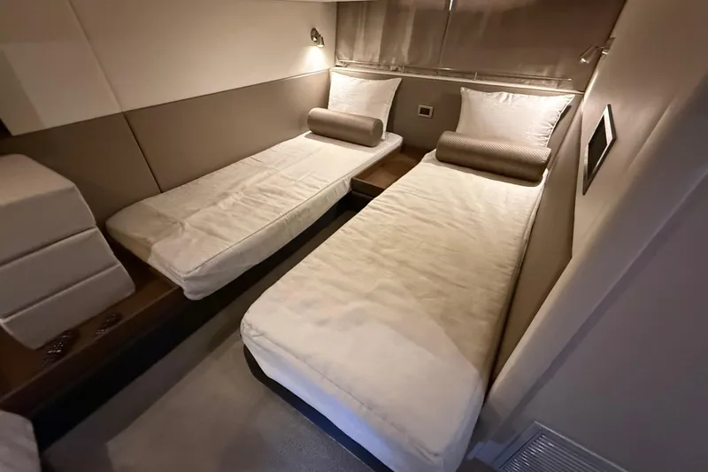 Tea Time III Yacht Photos Pics Luxurious twin cabin interior of 2018 Sea Ray Fly 400 yacht.