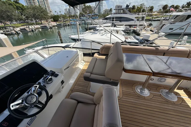 Tea Time III Yacht Photos Pics Flybridge of 2018 Sea Ray Fly 400 yacht, featuring helm, seating, and marina view.