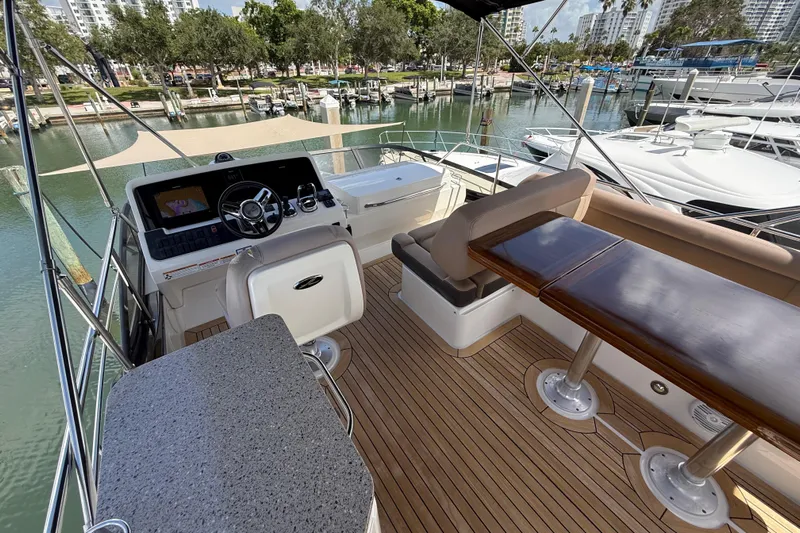 Tea Time III Yacht Photos Pics Flybridge of 2018 Sea Ray Fly 400 yacht with helm, seating, and table.