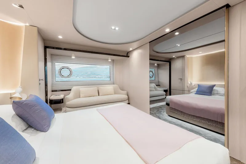  Yacht Photos Pics Luxurious interior of 2025 Azimut 78 Flybridge yacht with elegant bedroom design.