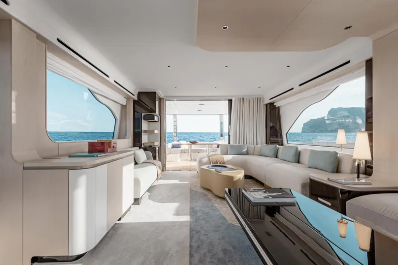  Yacht Photos Pics Luxurious interior of 2025 Azimut 78 Flybridge yacht with ocean view.