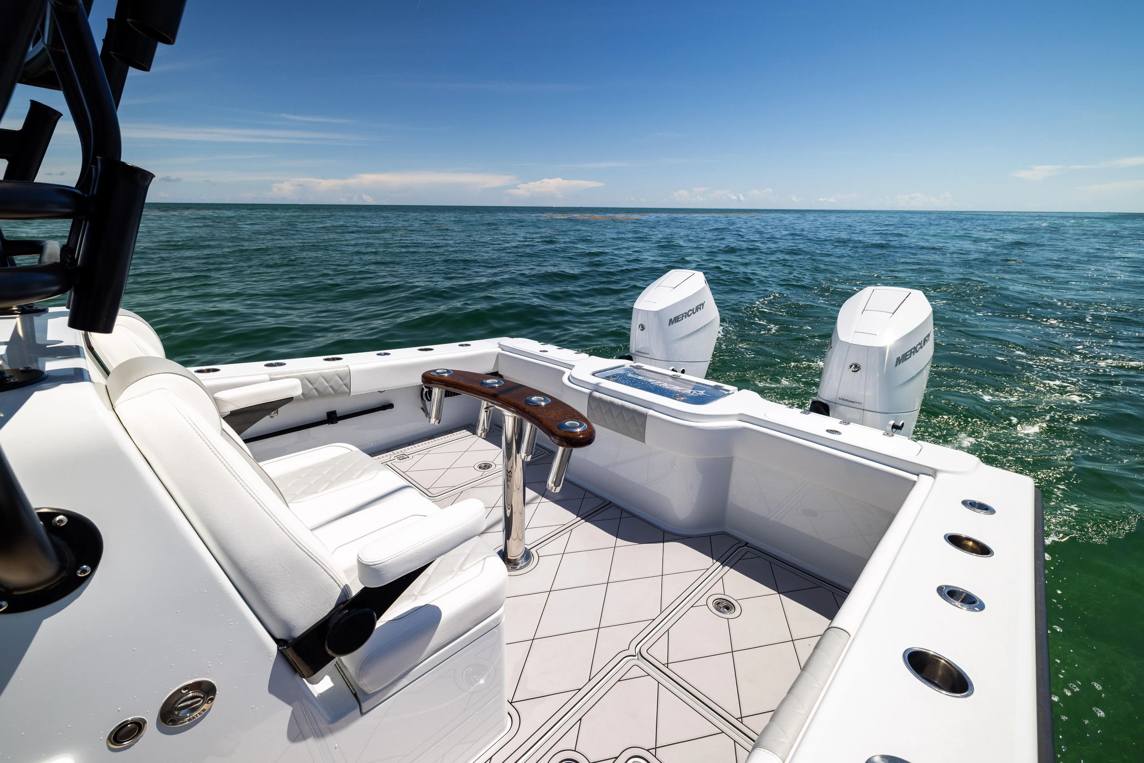  Yacht Photos Pics Freeman 34 VH 2025 boat with dual Mercury engines on open sea.