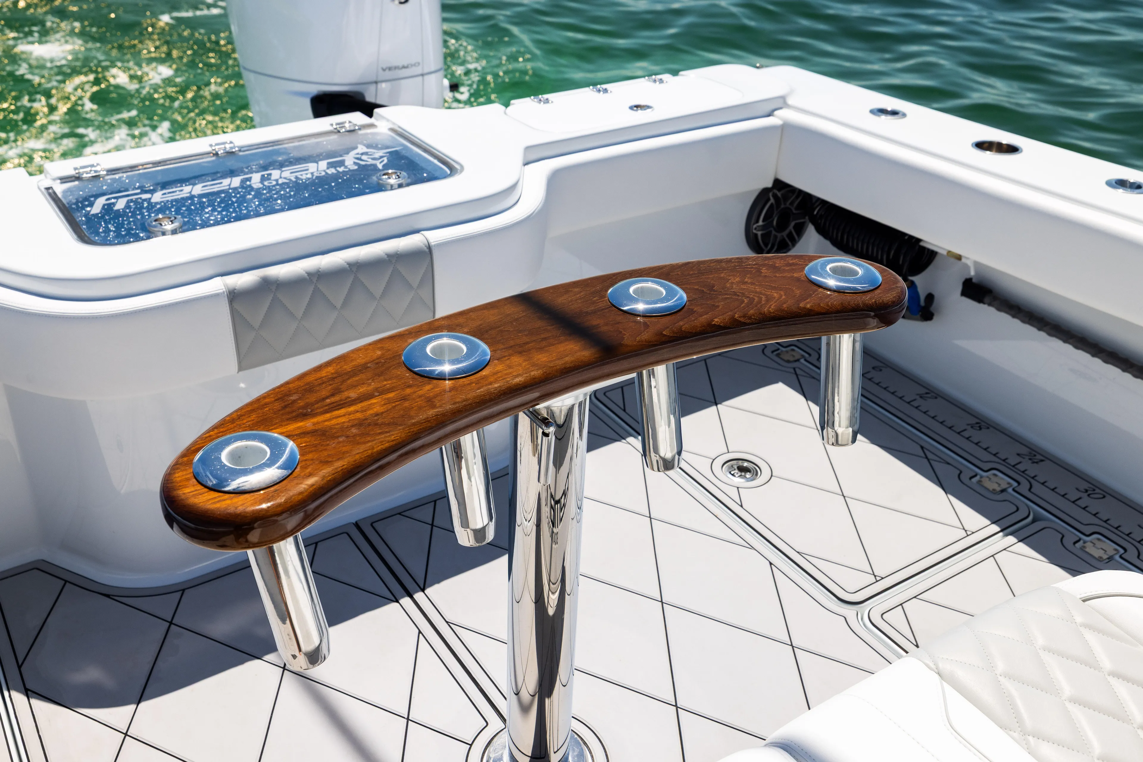 Yacht Photos Pics Luxury fishing setup on a 2025 Freeman 34 VH boat, featuring a sleek rod holder.