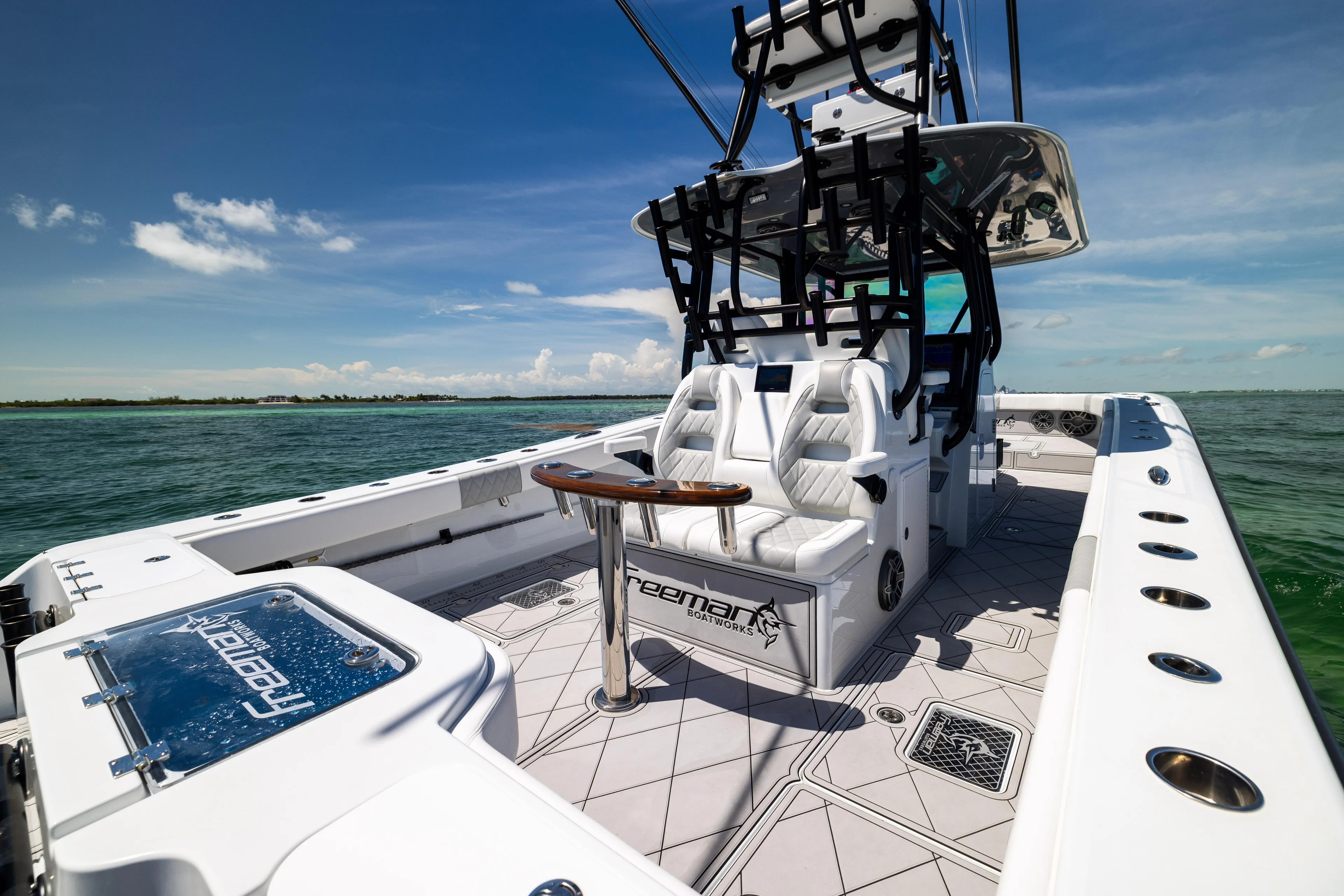  Yacht Photos Pics 2025 Freeman 34 VH boat interior with luxurious seating and ocean view.
