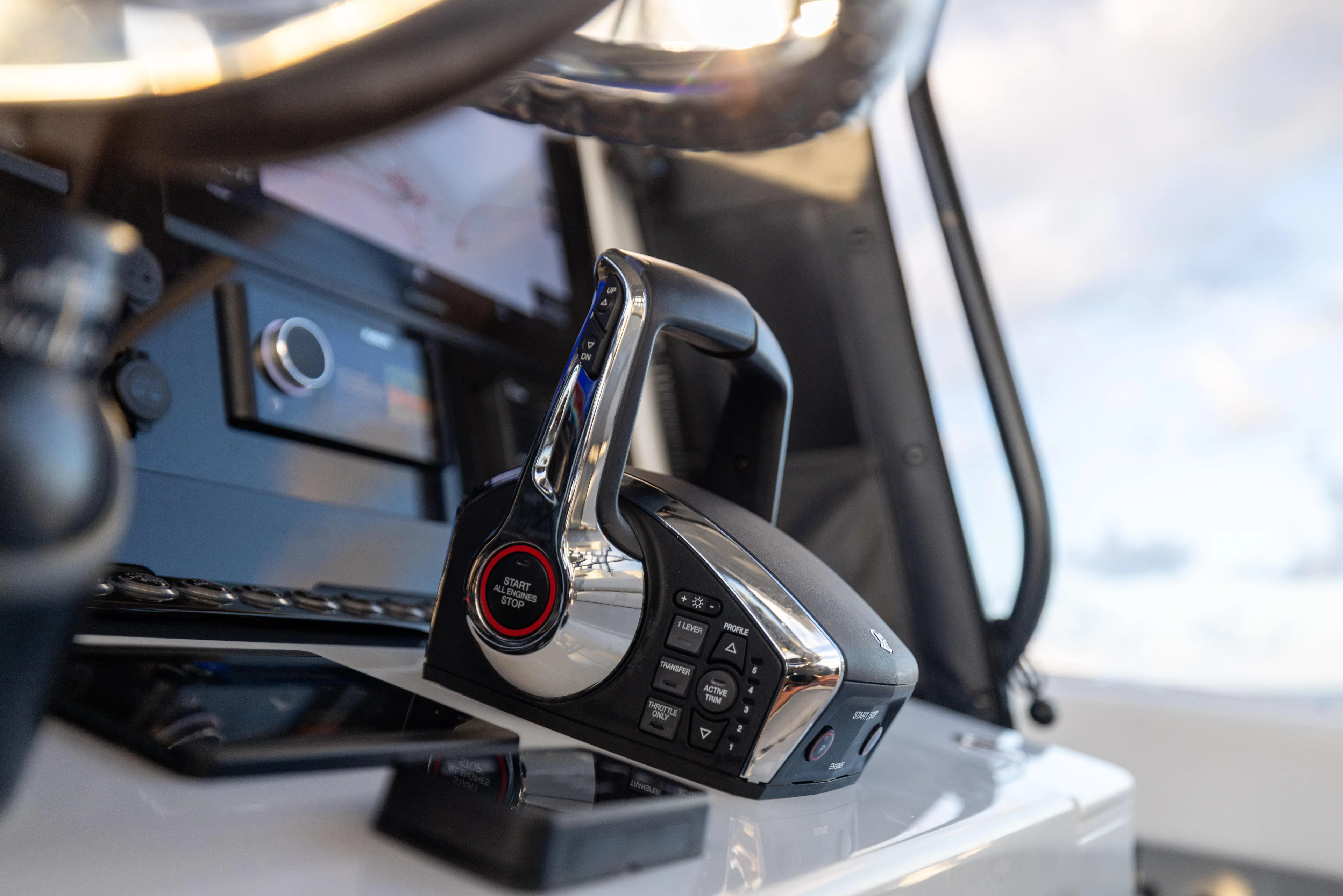  Yacht Photos Pics Control panel of 2025 Freeman 34 VH boat, featuring advanced throttle system.