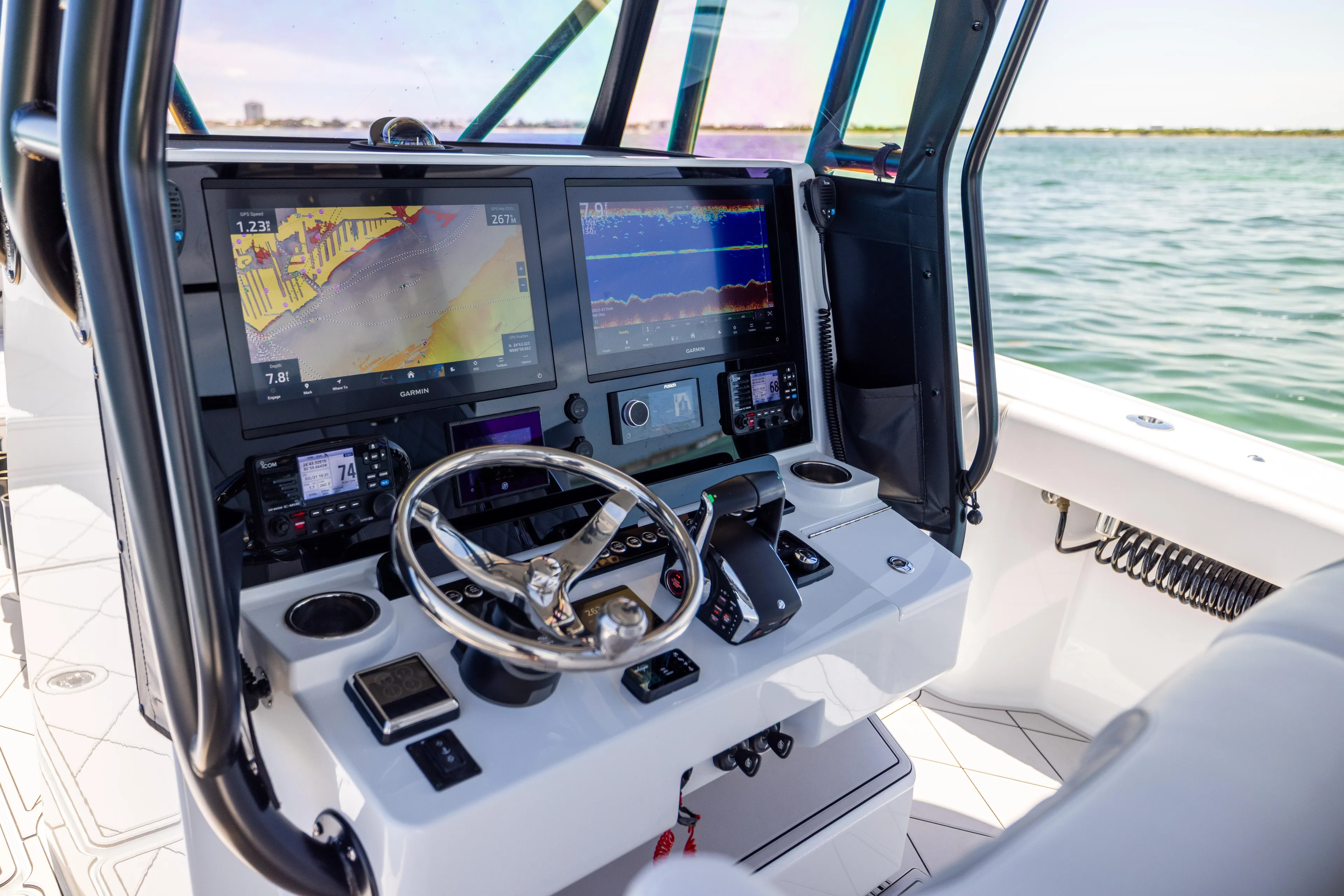  Yacht Photos Pics Control panel of 2025 Freeman 34 VH boat with advanced navigation displays.