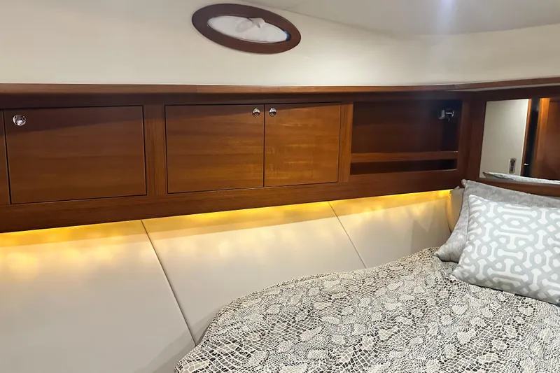 “no Name” Yacht Photos Pics Luxurious cabin interior of 2017 Palm Beach PB42 yacht with elegant wood finish.