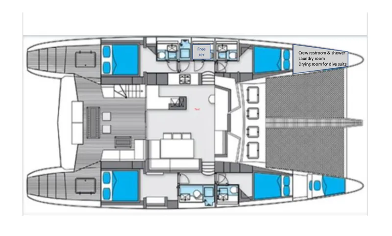 Talon Yacht Photos Pics Floor plan of a 2011 Sunreef 62 yacht, featuring bedrooms, bathrooms, and common areas.