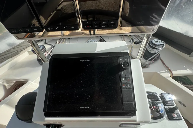 Talon Yacht Photos Pics Control panel of a 2011 Sunreef 62 yacht with Raymarine navigation system.