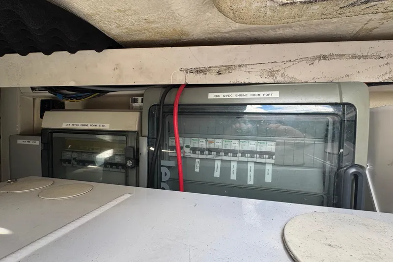 Talon Yacht Photos Pics Electrical panel in the engine room of a 2011 Sunreef 62 yacht.