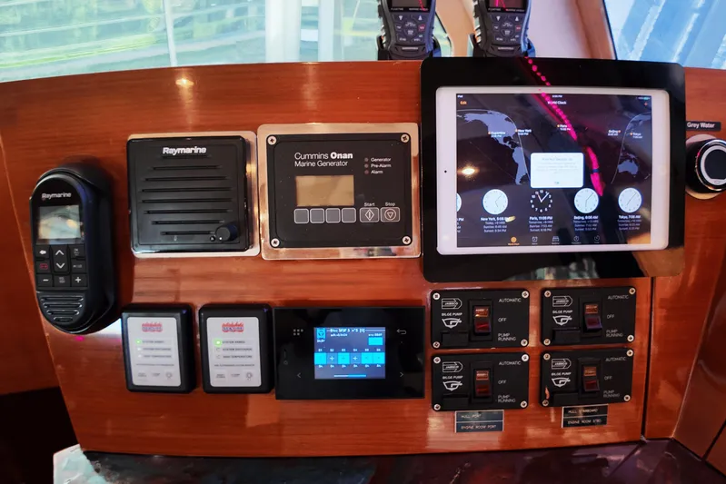 Talon Yacht Photos Pics Control panel of a 2011 Sunreef 62 yacht with navigation and generator systems.