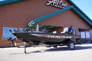 2026 Tracker Super Guide V-16 SC boat displayed at All Out Marine dealership.