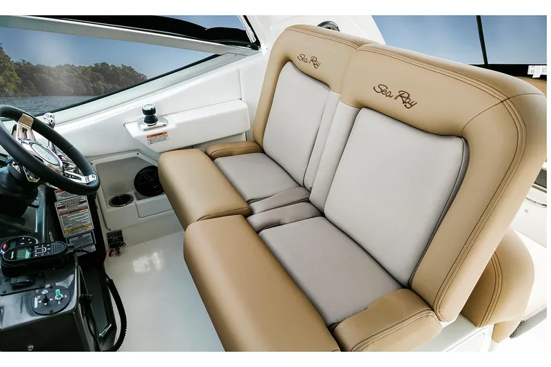  Yacht Photos Pics Manufacturer Provided Image: 2017 Sea Ray Sundancer 330 helm seating with tan and beige upholstery.