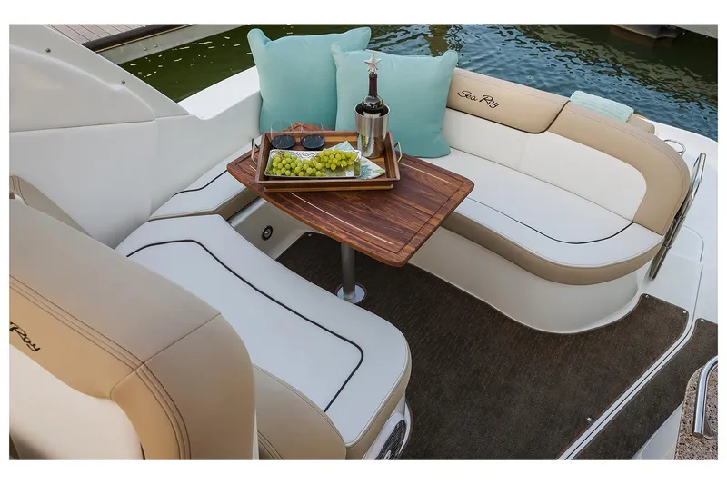  Yacht Photos Pics Manufacturer Provided Image: Luxury seating area on 2017 Sea Ray Sundancer 330 with wine and grapes.