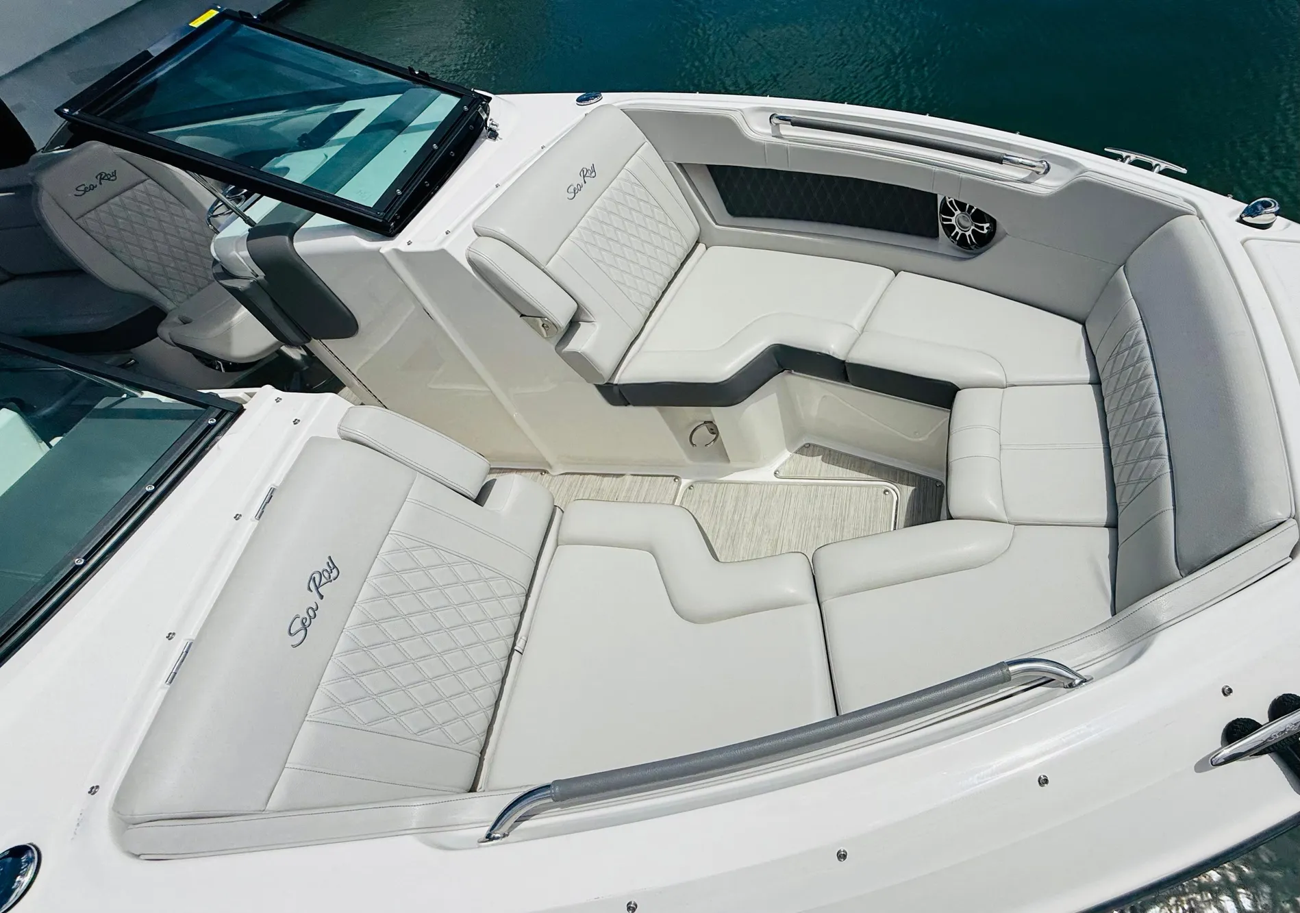 2020 Sea Ray SLX 280 boat interior with luxurious seating and elegant design.