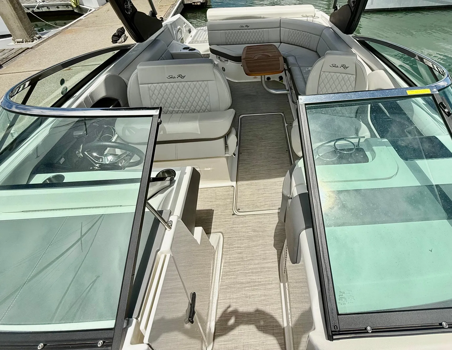 2020 Sea Ray SLX 280 boat interior with luxurious seating and sleek design.