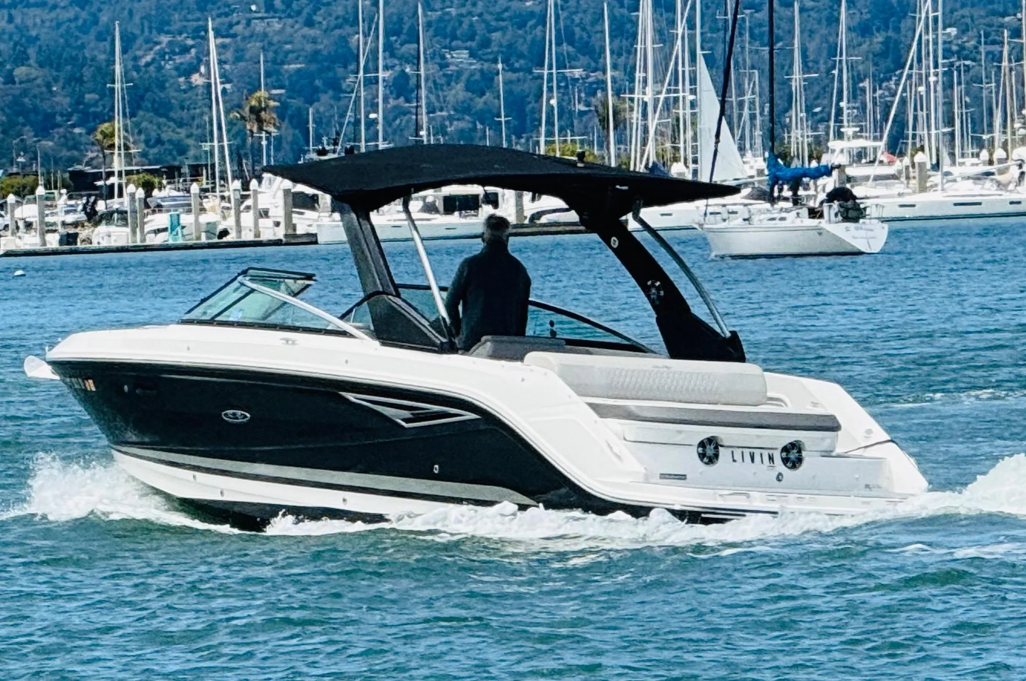 2020 Sea Ray SLX 280 boat cruising thru Sausalito marina.
