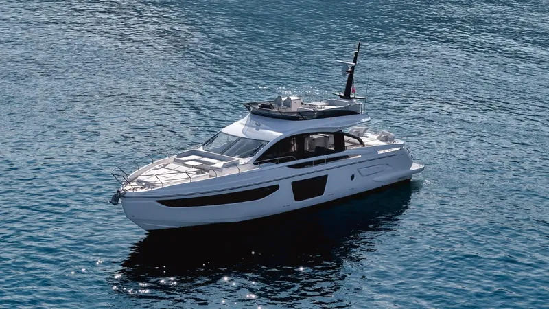  Yacht Photos Pics 2023 Azimut S7 yacht cruising on calm blue waters.