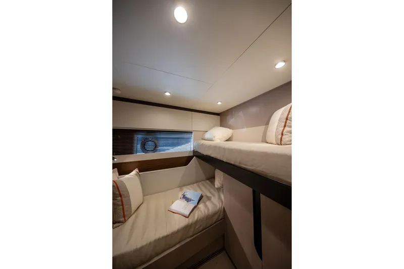  Yacht Photos Pics 2023 Azimut S7 yacht cabin with bunk beds and modern lighting.