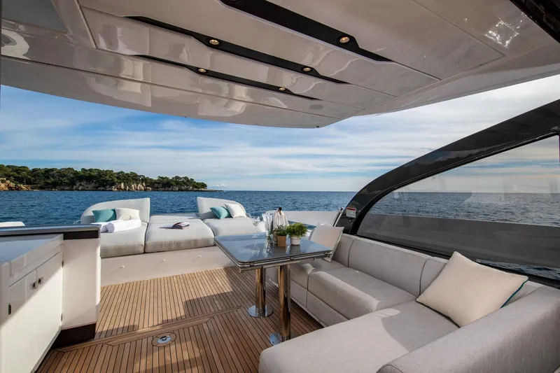  Yacht Photos Pics Luxurious 2023 Azimut S7 yacht interior with elegant seating and ocean view.