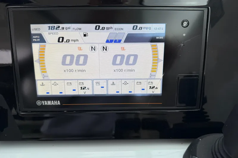  Yacht Photos Pics Yamaha display on 2023 Pursuit DC 326 Dual Console showing fuel and speed metrics.