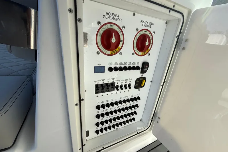  Yacht Photos Pics Electrical control panel on 2023 Pursuit DC 326 Dual Console boat.